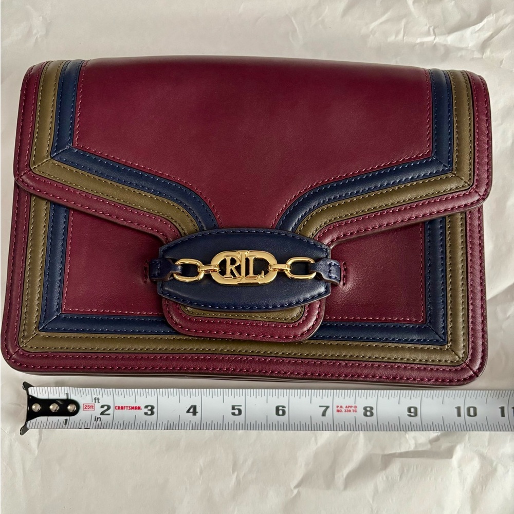 NWOT Lauren RL Leather Burgundy Envelope Crossbody/Shoulder bag with navy &green